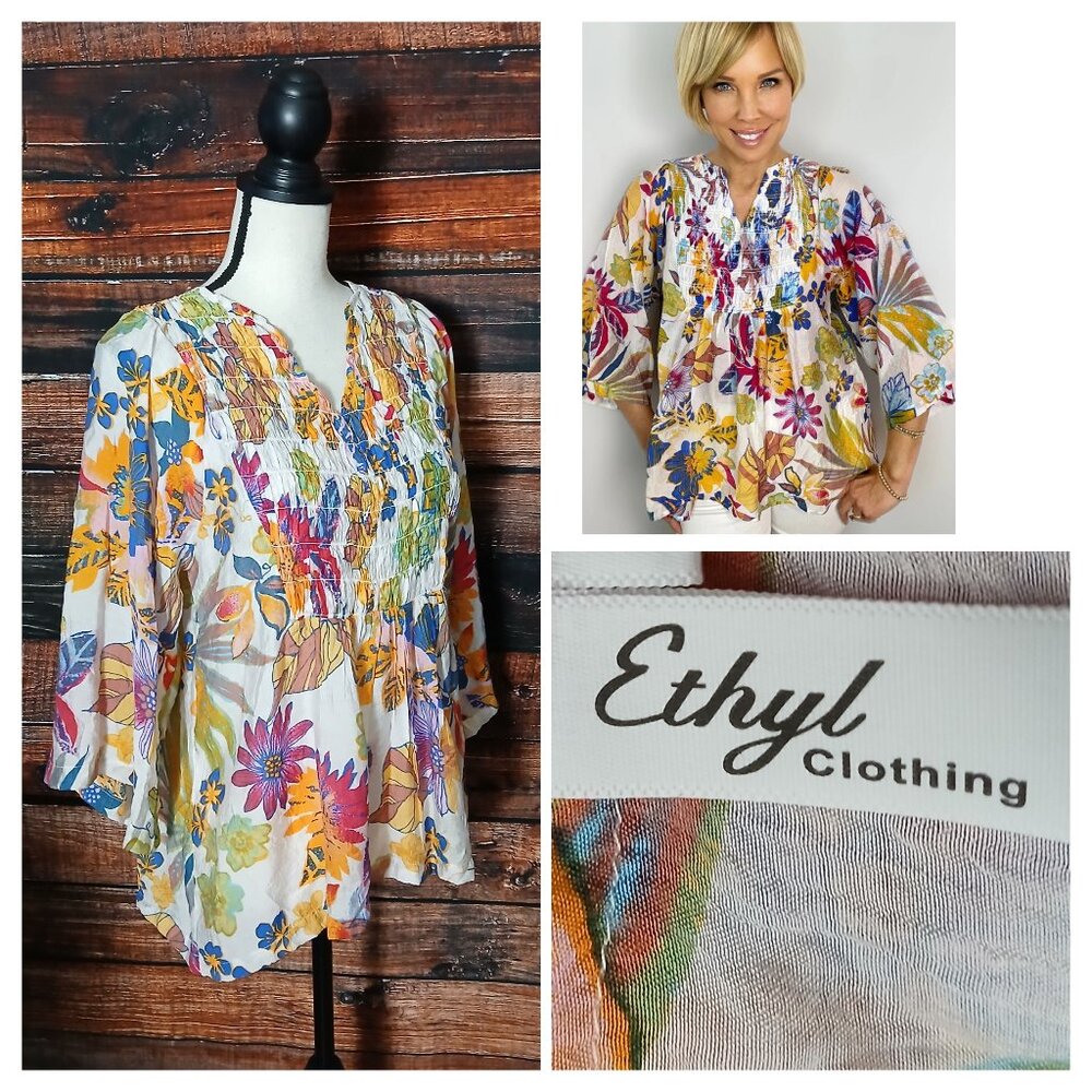 Ethyl Peasant Top S Tempestas Boho Chic Lightweight Floral Flowy Smocked